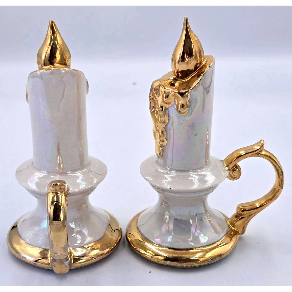 Vintage Ceramic Candle Shaped Salt & Pepper Shakers Gold Drip Accent Set of 2‎